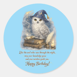 Wisdom & Knowledge Snow Owl Happy Birthday Card Runder Aufkleber