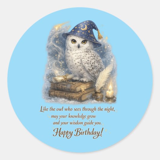 Wisdom & Knowledge Snow Owl Happy Birthday Card Runder Aufkleber (Vorderseite)