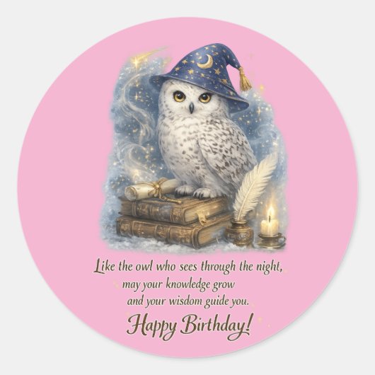 Wisdom & Knowledge Snow Owl Happy Birthday Runder Aufkleber (Vorderseite)