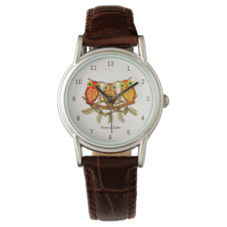 Wise & Cozy – Drei orangefarbene Eulen Kunst Armbanduhr