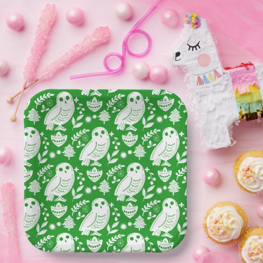 Wise Owl Folk Art Green Holiday Pappteller (Party)