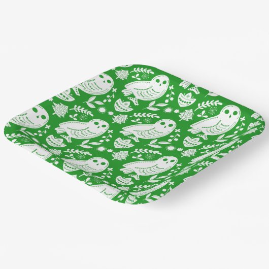 Wise Owl Folk Art Green Holiday Pappteller (Gewinkelt)