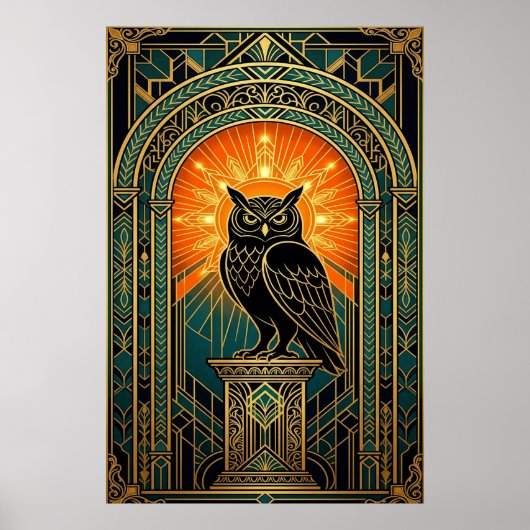 Wise Owl Silhouette Art Deco Midnight Gold Poster (Vorne)