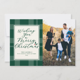 Wishing A Merry Christmas Green Plaid Photo Card Feiertagskarte