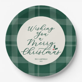 Wishing You a Merry Christmas Dark Green Plaid Pappteller