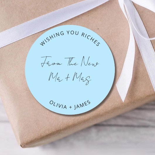 Wishing You Riches From The New Mr Mrs Wedding Bag Runder Aufkleber