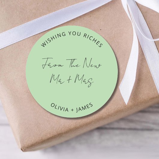 Wishing You Riches From The New Mr Mrs Wedding Bag Runder Aufkleber