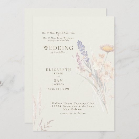 Wispy Botanical Cream Beide Eltern Hochzeit Einladung (Vorne/Hinten)