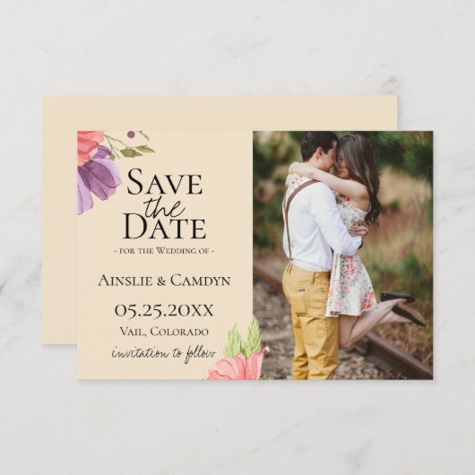 Wispy Floral Foto Save the Date Ankündigung (Vorne/Hinten)