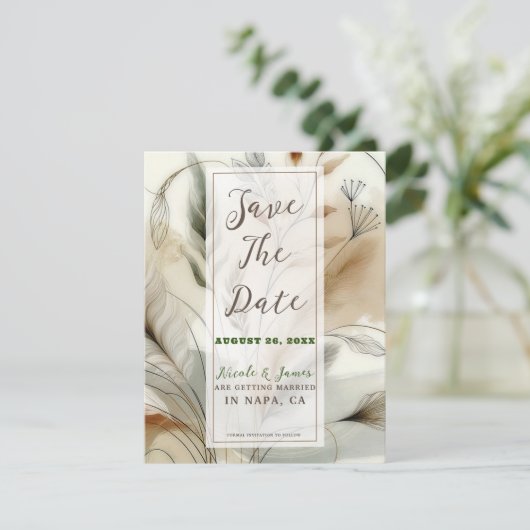 Wispy Greenery Modern Botanical Boho Save the Date Einladung (Stehend Vorderseite)