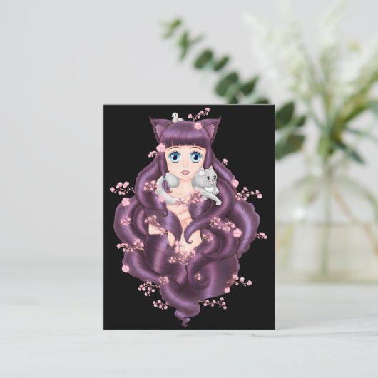 Wispy Lila Haired Neko Anime Girl Postkarte (Stehend Vorderseite)