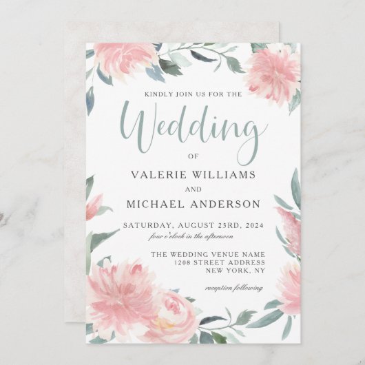 Wispy Pink Watercolor Blumenzwiebelladen Einladung (Vorne/Hinten)