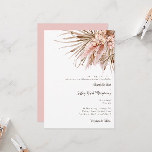 Wispy Pink Watercolor Pampas Hochzeitsempfehlung Einladung (Vorderseite/Rückseite Beispiel)