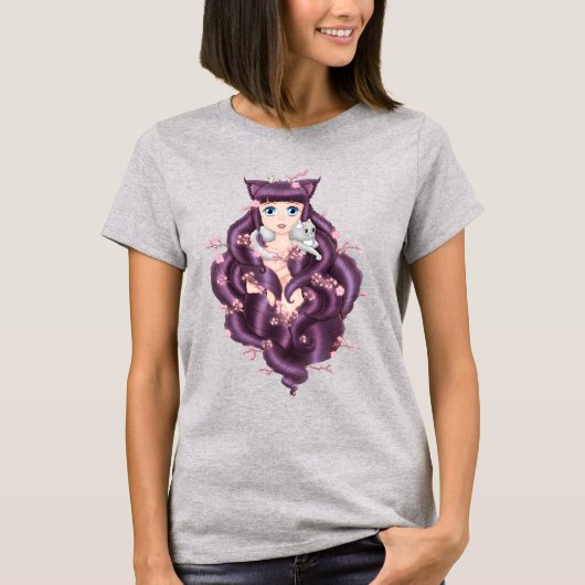 Wispy Purple Haired Neko Anime Girl T-Shirt (Vorderseite)