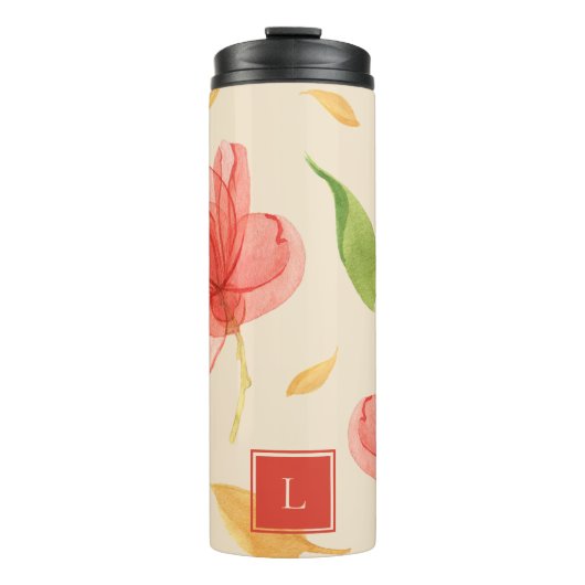 Wispy Red Floral Monogram Thermal Tumbler Thermosbecher (Vorderseite)