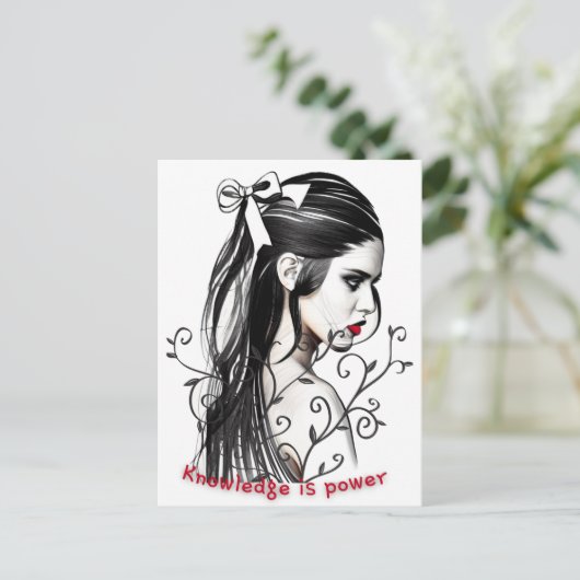 Wissen ist Power Weibliche Skizze mit rotem Lippen Postkarte (Stehend Vorderseite)
