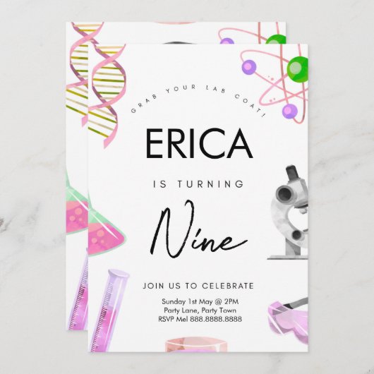 Wissenschaft - Einladung für Mädchen am Geburtstag (Vorne/Hinten)
