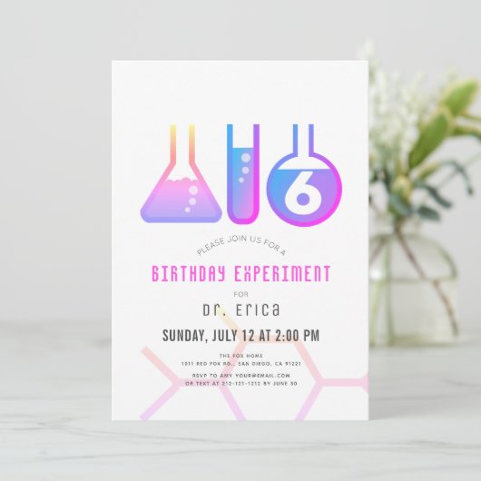 Wissenschaftsexperiment Weiß & Neon Pink Girl Gebu Einladung (Stehend Vorderseite)