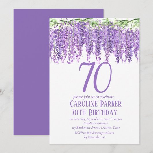 Wisteria 70. Geburtstag Lila Blumenviolett Einladung (Vorne/Hinten)