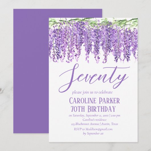 Wisteria 70. Geburtstag Lila Blumenviolett Einladung (Vorne/Hinten)