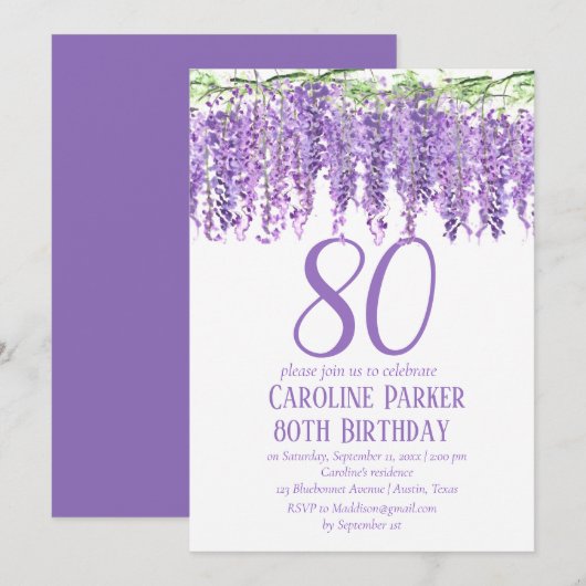 Wisteria 80. Geburtstag Lila Blumenviolett Einladung (Vorne/Hinten)
