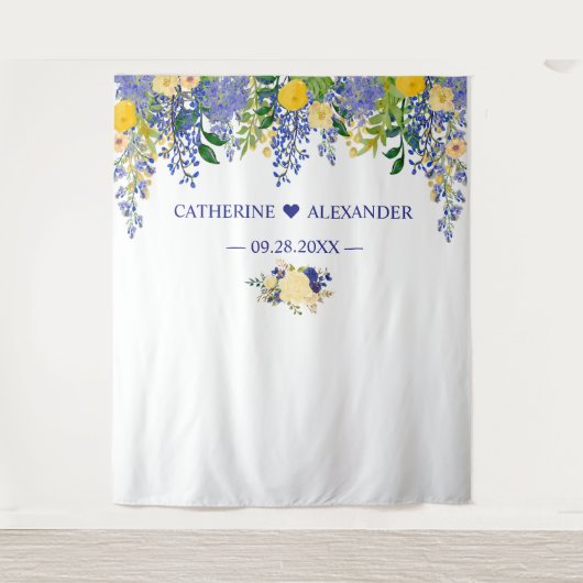Wisteria Blue & Yellow Floral Wedding Backdropps Wandteppich (Vorderseite)