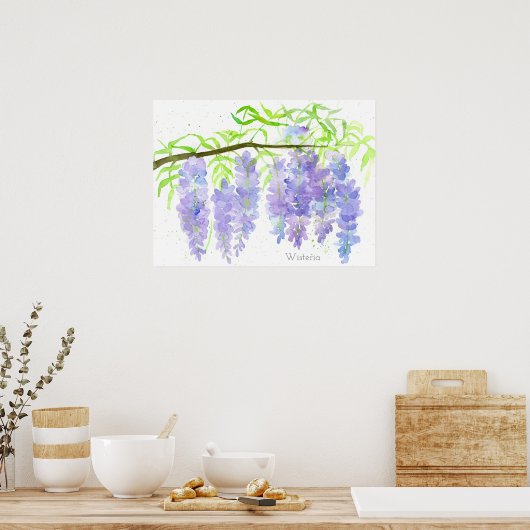Wisteria blühender Baum Zweig Wasserfarbener Botan Poster (Küche)