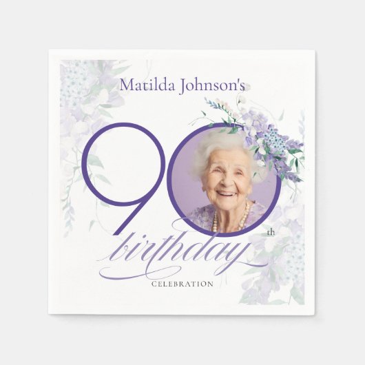 Wisteria Custom Photo Floral Purple 90th Birthday Serviette (Vorderseite)