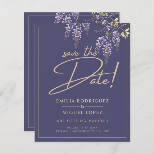 Wisteria Dusty Lila Gold Wedding Save the Date (Vorne/Hinten)
