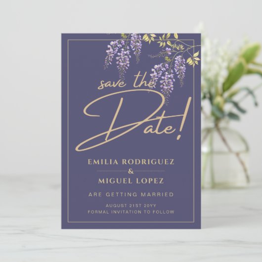 Wisteria Dusty Lila Gold Wedding Save the Date Einladung (Stehend Vorderseite)