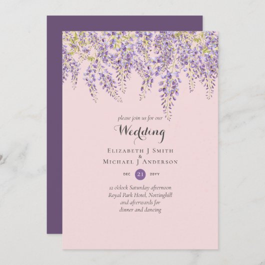 Wisteria Floral Garden Lavender Wedding Dusty Pink Einladung (Vorne/Hinten)