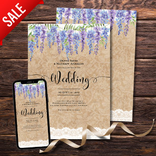 Wisteria Floral Wedding Rustic Kraft Lace Look Einladung