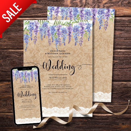 Wisteria Floral Wedding Rustic Kraft Lace Look Einladung