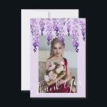 Wisteria Foto | Bat Mitzvah Dankeskarte<br><div class="desc">Dieses Design besticht durch elegante Aquarellwein-Blume in sanften Lavendel und lila mit grünen Blätter auf einem lila Hintergrund mit Ihrem Lieblings-Foto und "Danke" Overlay. Auf der Rückseite in elegantem, weißes Kalligraphieskript auf einem lila Hintergrund ist der Text "Danke" und Ihre personalisierte Nachricht und Name. Anpassen, indem Sie den Text in...</div>