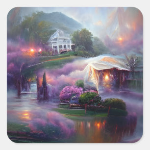 Wisteria House bei Sonnenuntergang am See Quadratischer Aufkleber