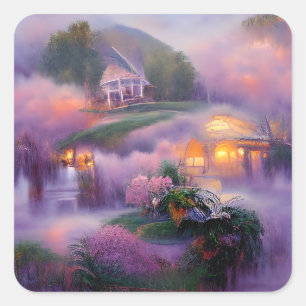 Wisteria Hütte glüht bei Sonnenuntergang am Teich Quadratischer Aufkleber