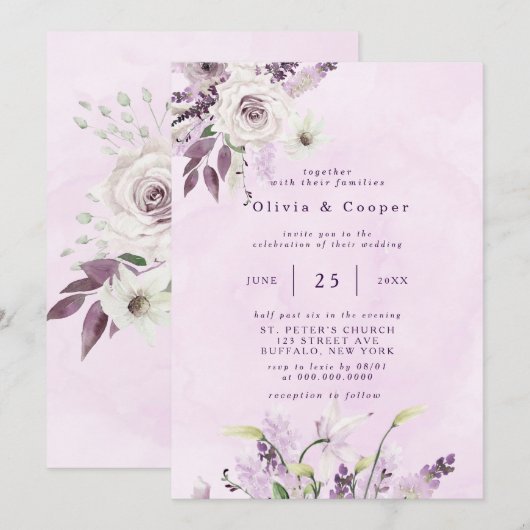 Wisteria Lavender White Roses Chic Wedding Einladung (Vorne/Hinten)