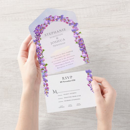 Wisteria Lila Arch Wedding RSVP Menüoptionen All In One Einladung (Abreißen)
