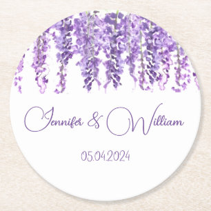 Wisteria Lila Blumen Aquarell Florale Hochzeit Runder Pappuntersetzer