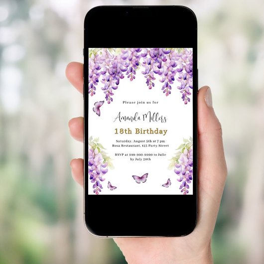Wisteria lila Blumen Schmetterlinge Geburtstag Einladung