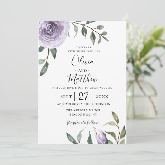 Wisteria Lila Botanical Wedding Einladung (Stehend Vorderseite)