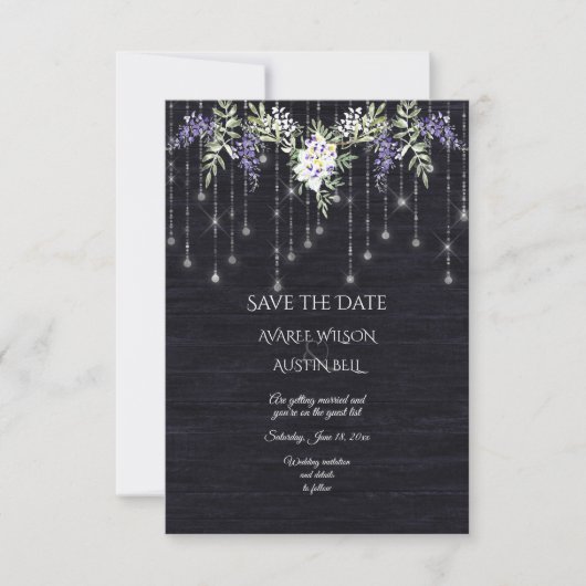 Wisteria Navy Barnboard String Lights Save The Date (Vorderseite)