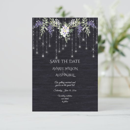 Wisteria Navy Barnboard String Lights Save The Date (Stehend Vorderseite)