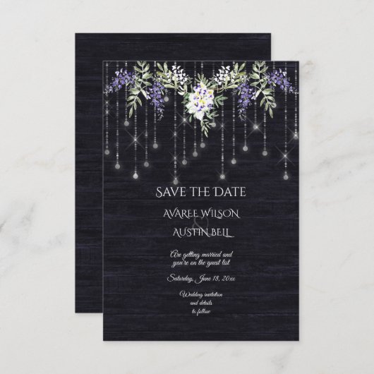 Wisteria Navy Barnboard String Lights Save The Date (Vorne/Hinten)