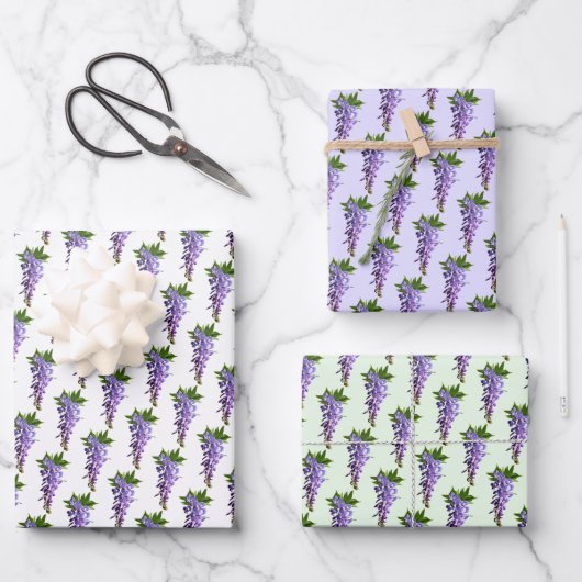 Wisteria Patterns Lila-grüner weißer Hintergrund Geschenkpapier Set (Vorderseite)