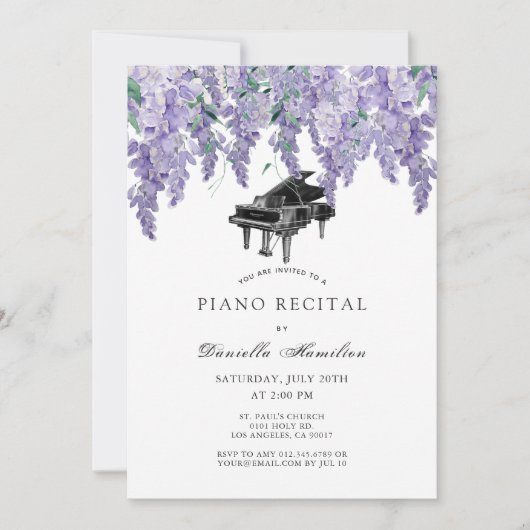 Wisteria Piano White Recital Invitation Einladung (Vorderseite)