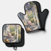 Wisteria Porch Rocking Chair Szene Ofenhandschuh & Topflappen-Set (Vorderseite/Rückseite)