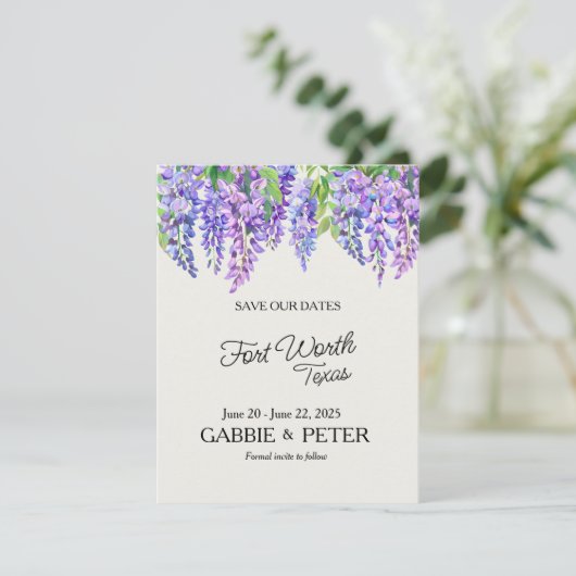 Wisteria Purple Flowers Botanischer Garten Hochzei Einladung (Stehend Vorderseite)