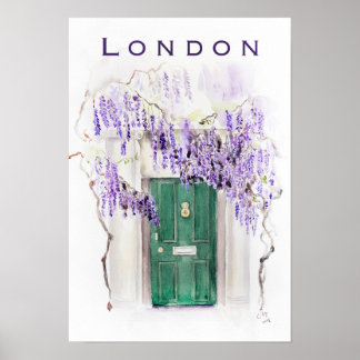 Wisteria-Saison in London grüne Tür Aquarell Poster