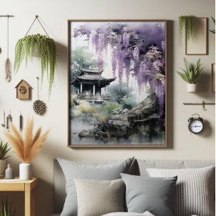 Wisteria Tree and Asian Temple Fotodruck